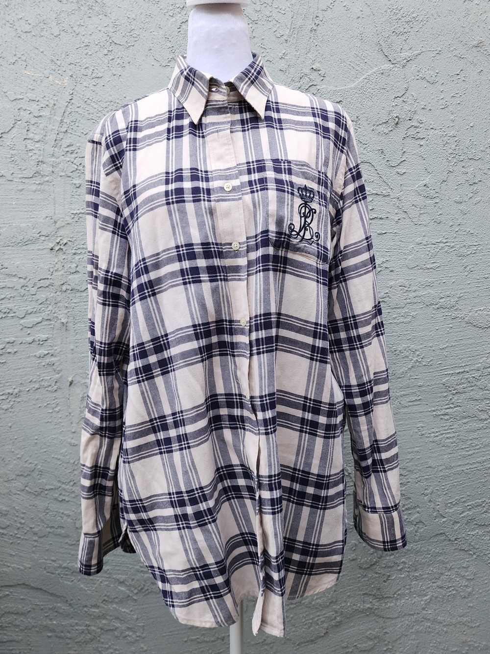 Lauren Ralph Lauren Plaid Flannel Button Down Shirt Crest Logo Cream Navy Size L